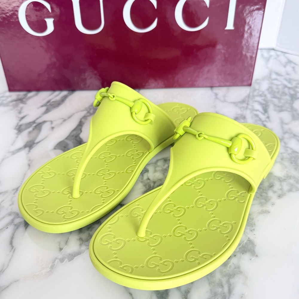 Gucci Horsebit Jelly Thong Sandals Neon Lime Green GG Monogram Slides Gucci 36